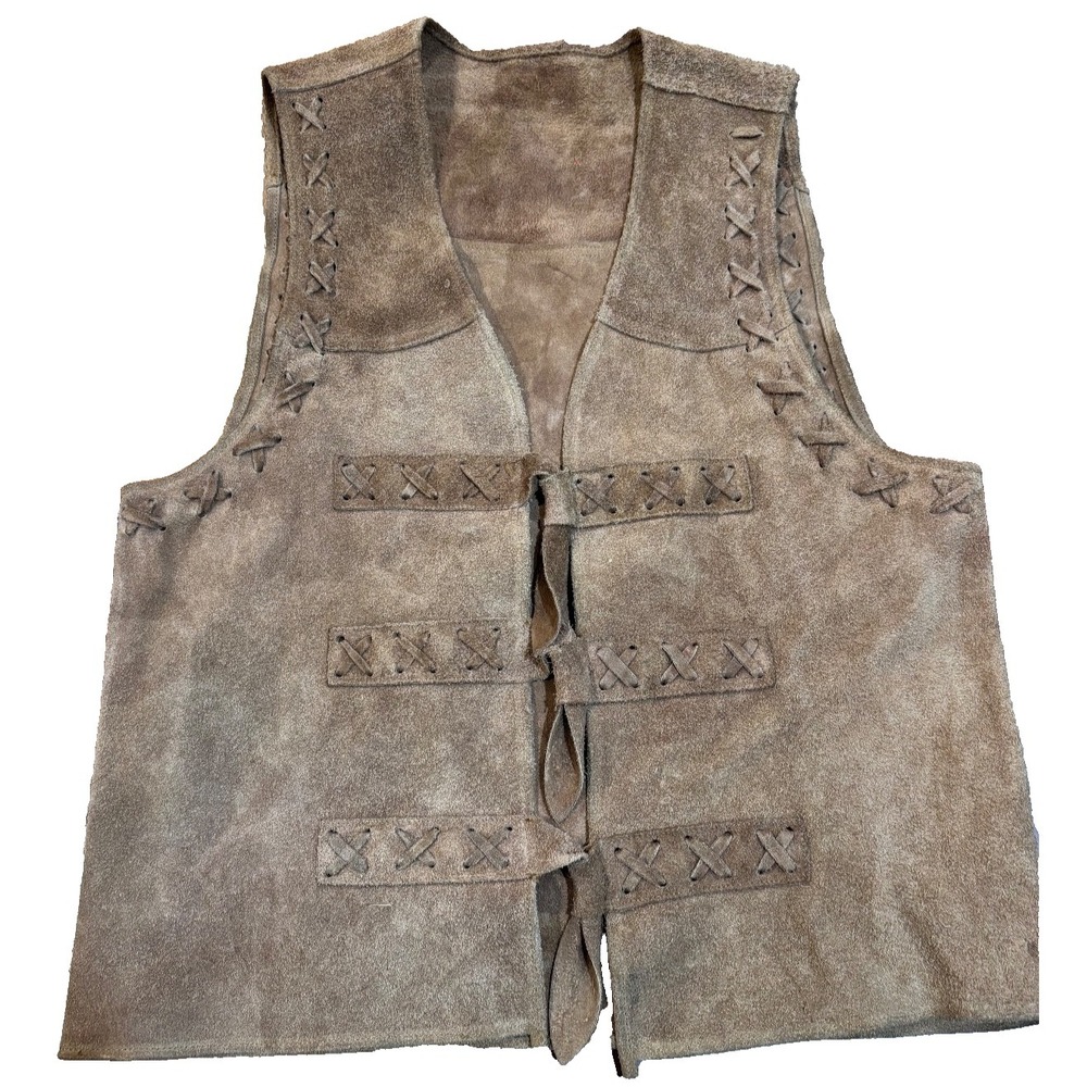 Buckskin natural colour vest front ties crosshatch accents womens' size small